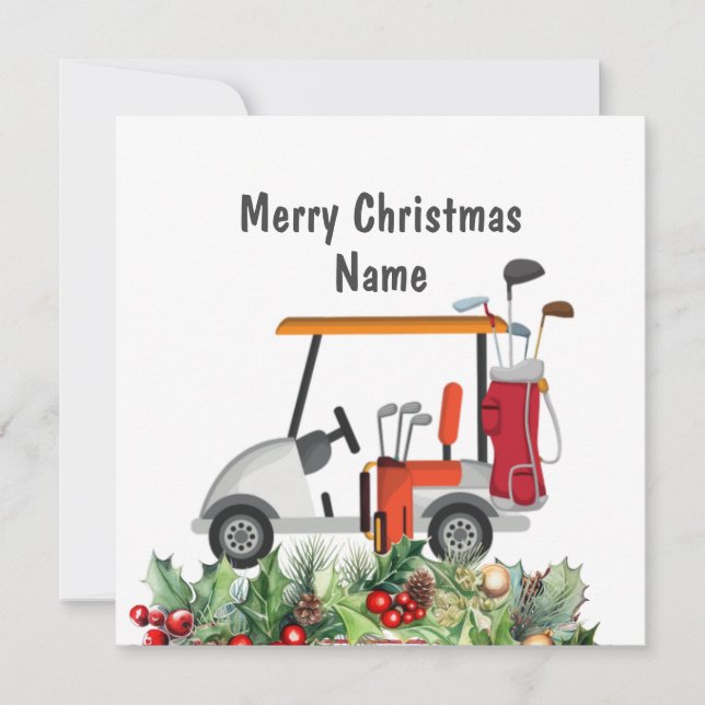 Golf Christmas card with Golf cart and club golfer (Front)