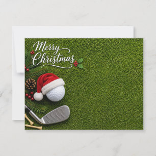 Golf Christmas card with Santa hat on green