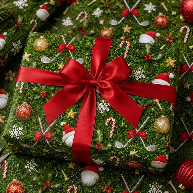 Golf Christmas Equipment Pattern on Green Grass  Wrapping Paper (Creator Uploaded)