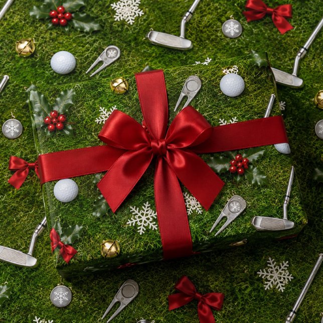 Golf Christmas Equipment Pattern on Green Grass  Wrapping Paper (Creator Uploaded)