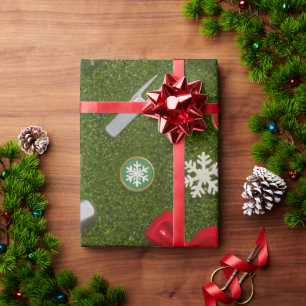 Golf Christmas Equipment Pattern on Green Grass Wrapping Paper