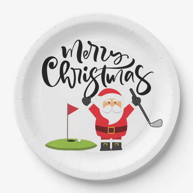 Golf Christmas Gift with Santa Golfer at golf flag Paper Plate (Front)