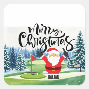 Golf Christmas Gift with Santa Golfer at golf flag Square Sticker
