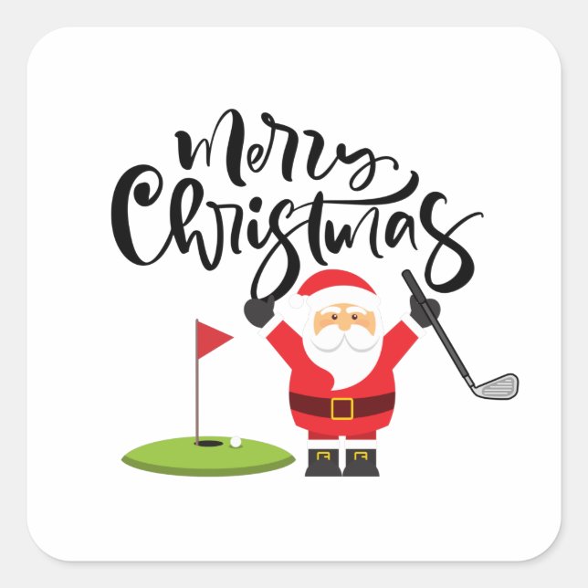 Golf Christmas Gift with Santa Golfer at golf flag Square Sticker (Front)