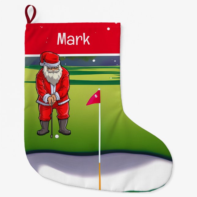 Golf Christmas Gifts with Santa Claus Large Christmas Stocking (Front)
