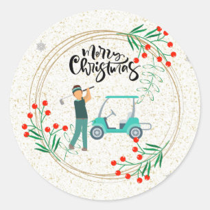 Golf Christmas Gofer and cart with flower wreath  Classic Round Sticker