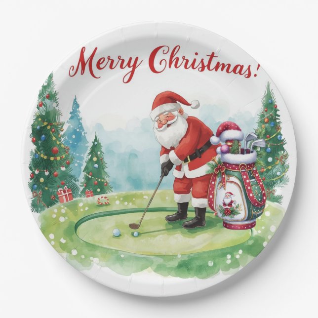 Golf Christmas golfing  Santa Golfer at golf flag Paper Plate (Front)