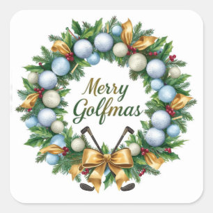 Golf Christmas Greeting with Golf Wreath Square Sticker