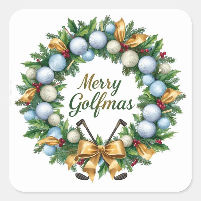 Golf  Christmas Greeting with Golf Wreath Square Sticker (Front)