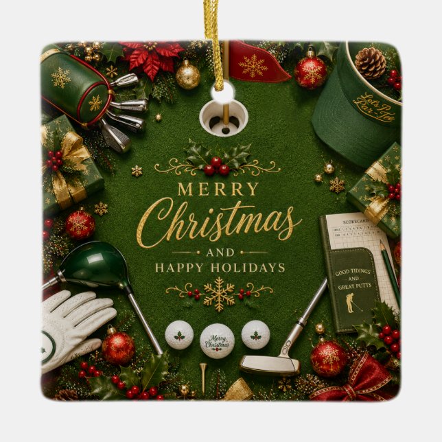 Golf Christmas Holiday Ceramic Ornament (Front)