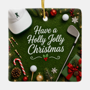 Golf Christmas Holiday on green grass Ceramic Ornament