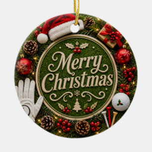 Golf Christmas Holiday themed on green grass Ceramic Tree Decoration