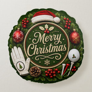 Golf Christmas Holiday themed on green grass Round Cushion
