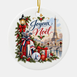 Golf Christmas in Paris France Watercolor Holiday Ceramic Tree Decoration