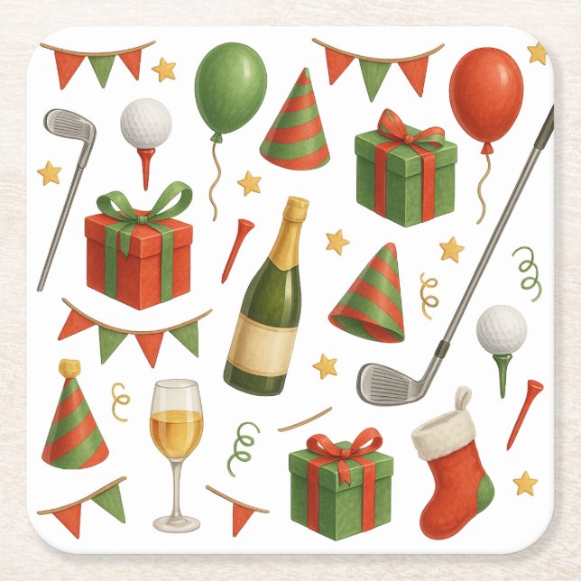 Golf Christmas party themed for golfer  champagne Square Paper Coaster (Front)