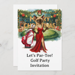 Golf Christmas Party with Cat on putting green Invitation