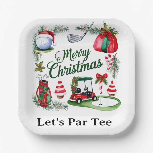 Golf Christmas Party with golf equipment Xmas Paper Plate (Front)