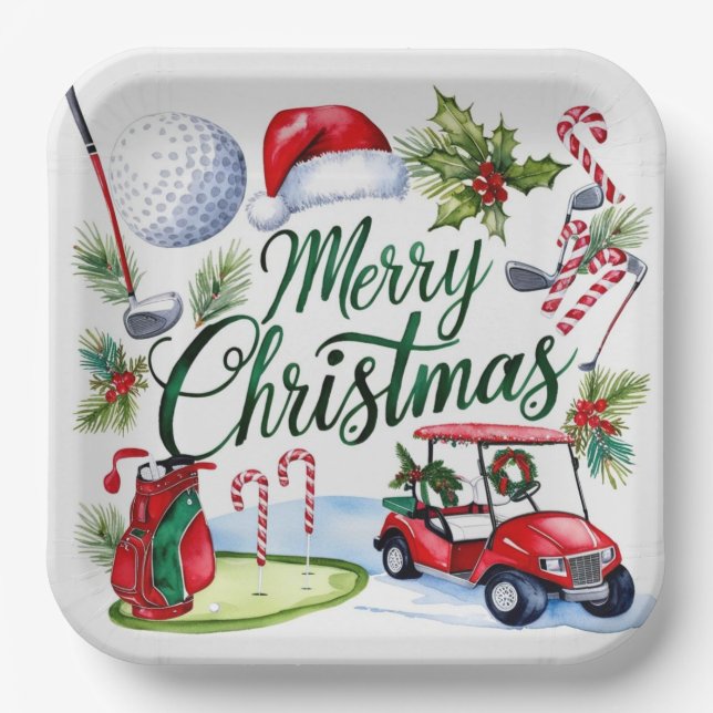 Golf Christmas Party with golf equipment Xmas Paper Plate (Front)