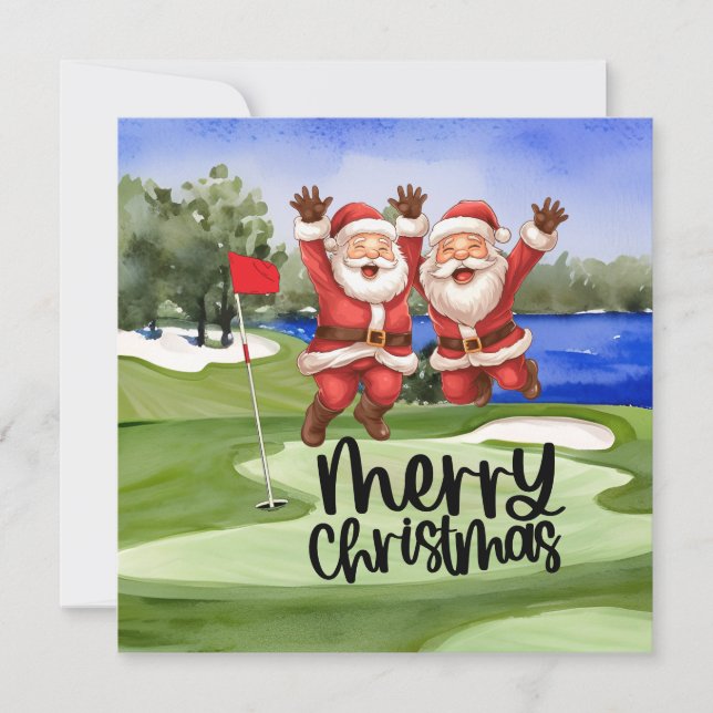 Golf Christmas Santa Claus with flag on green  Holiday Card (Front)