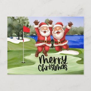 Golf Christmas Santa Claus with flag on green Holiday Postcard