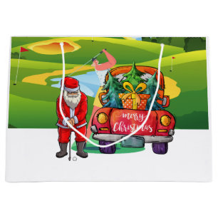 Golf Christmas Santa Claus with red truck on green Large Gift Bag