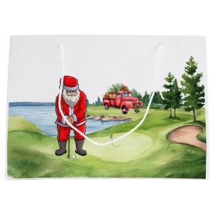 Golf Christmas Santa Claus with red truck on green Large Gift Bag