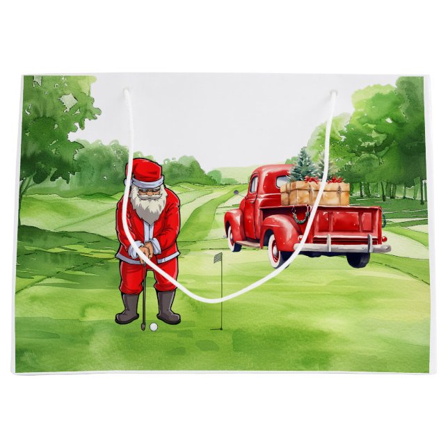 Golf Christmas Santa Claus with red truck on green Large Gift Bag (Front)