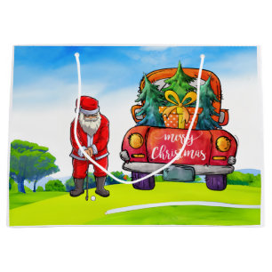 Golf Christmas Santa Claus with red truck on green Large Gift Bag