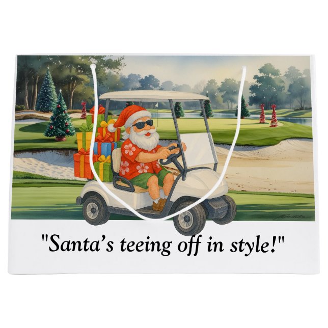 Golf Christmas Santa  drive golf cart on course Large Gift Bag (Front)