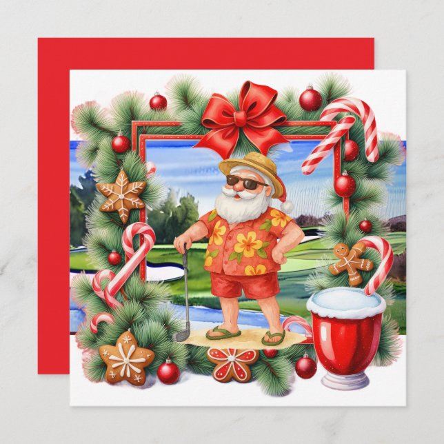 Golf Christmas Santa Golfing Summer time Holiday Card (Front/Back)