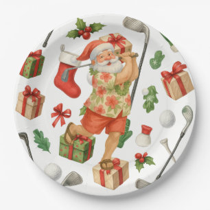Golf Christmas Summer time Santa Claus Golfing Paper Plate