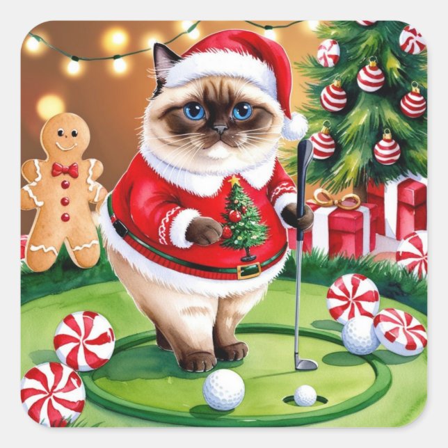 Golf Christmas themed for Cat Lover Golfer  Square Sticker (Front)
