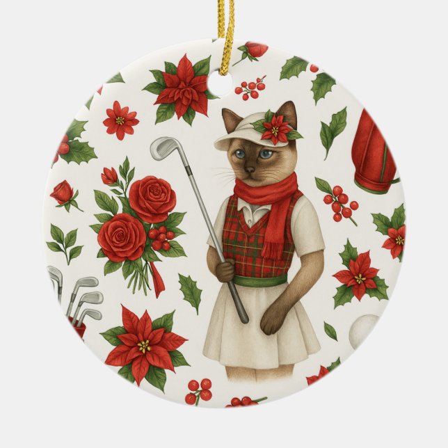 Golf Christmas themed for Cat woman Golfer Ceramic Tree Decoration (Front)