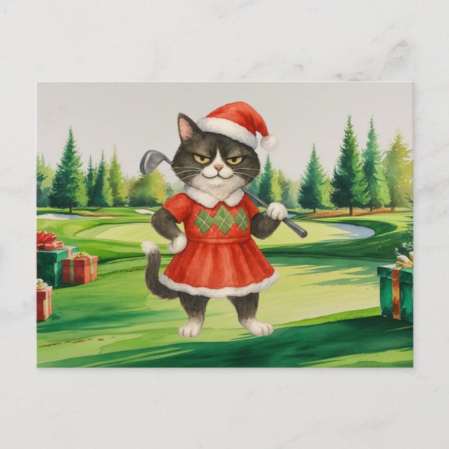 Golf Christmas themed for Cat woman Golfer Holiday Postcard (Front)