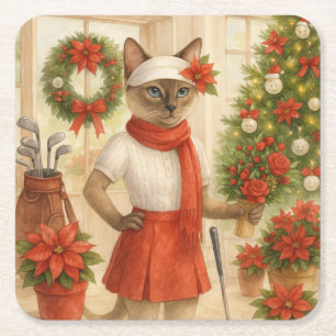 Golf Christmas themed for Cat woman Golfer Square Paper Coaster