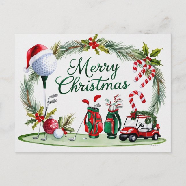 Golf christmas themed for Golfer watercolor Holiday Postcard (Front)