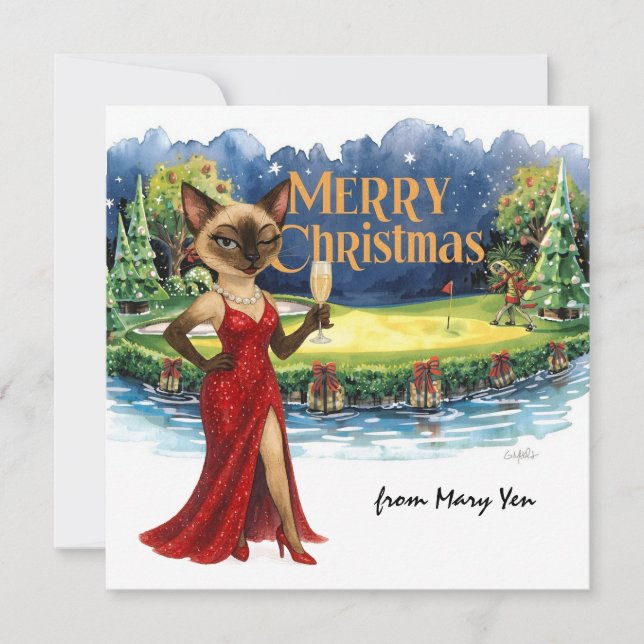 Golf Christmas themed for Woman Cat Lovers Holiday Card (Front)