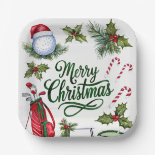Golf Christmas themed Golfer watercolor Holiday Paper Plate