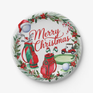 Golf Christmas themed Golfer watercolor Holiday Paper Plate