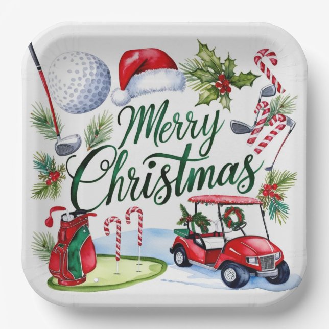 Golf Christmas themed Golfer watercolor Holiday Paper Plate (Front)