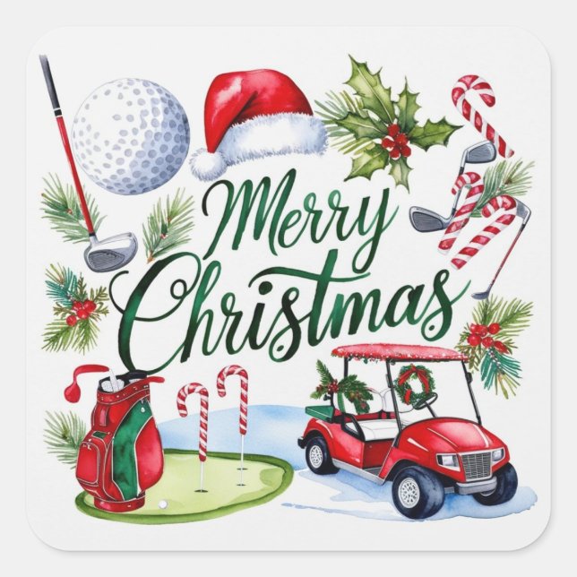 Golf Christmas themed Golfer watercolor Holiday Square Sticker (Front)
