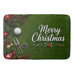 Golf Christmas themed on green grass Bath Mat