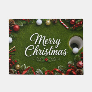 Golf Christmas themed on green grass Doormat