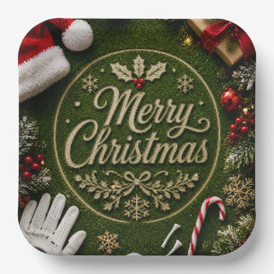 Golf Christmas themed on green grass Paper Plate