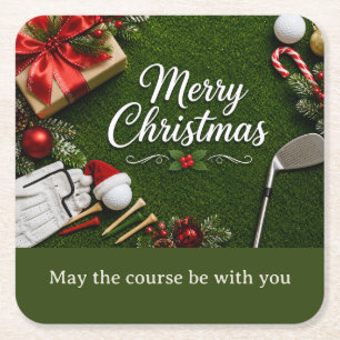 Golf Christmas themed on putting green Square Paper Coaster