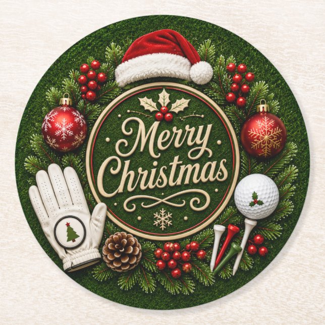 Golf Christmas themed Round Paper Coaster (Front)