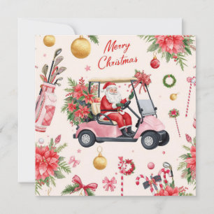 Golf Christmas themed Santa drive Pink golf cart Holiday Card