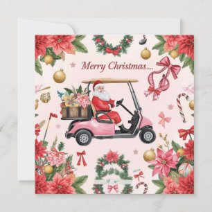 Golf Christmas themed Santa drive Pink golf cart Holiday Card