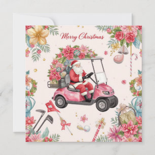 Golf Christmas themed Santa drive Pink golf cart Holiday Card