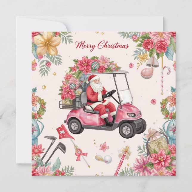 Golf Christmas themed Santa drive Pink golf cart Holiday Card (Front)